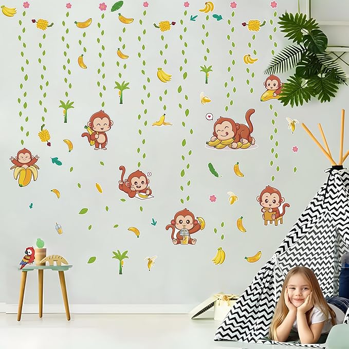 Glow in The Dark Cute Monkeys and Bananas Wall Decals, Animal Stickers for Baby Girls Boys Room, Luminous Ceiling Decor for Bedroom Playroom Nursery