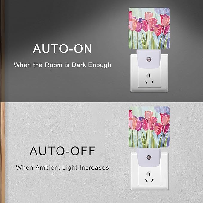 Pink Tulip Flowers Night Light Plug-in LED Nightlights Auto Sensor Night Lamp Dusk-to-Dawn Lamp Home Decor for Nursery Children Girls Boys