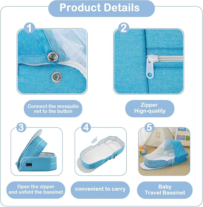 Baby Travel Bassinet Portable Bassinets, Foldable Carry Bag Bassinet Travel Crib, Lightweight Baby Lounger Pod Infant Bed with 2-1 Mosquito & Canopy (Blue)