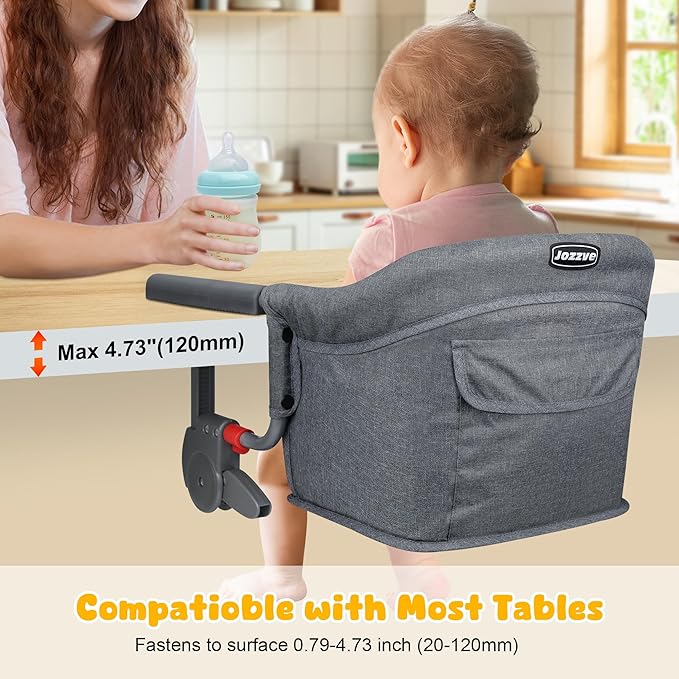 Hook On High Chair: Portable Fast Table Chair with Storage Bag, Clip on High Chairs for Babies and Toddlers, Foldable Baby Feeding Chair with Removable Seat for Home and Travel -Grey