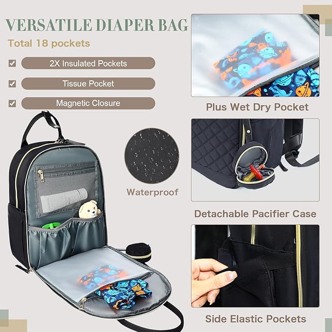 Diaper Bag Backpack, Baby Diaper Bag with 18 Pockets, Large Baby Bag Backpack for Girl Boy, Waterproof Diaper Bag with Changing Pad,Wet Dry Bag, Black