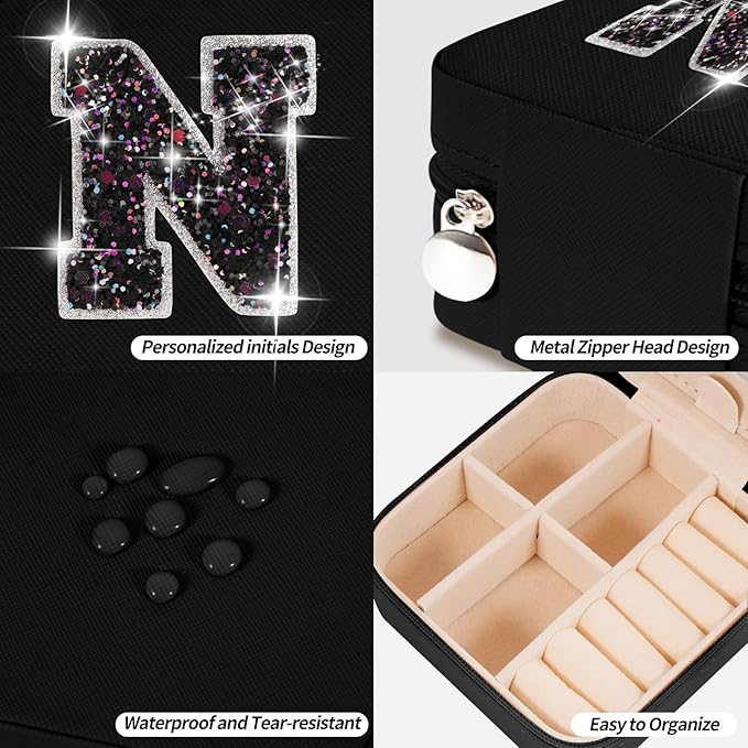Personalized Jewelry Case for Women Girls - Fashion Mini Jewelry Boxes - Trendy Travel Jewelry Organizer with Initials Letter - Teen Gifts | Black,N