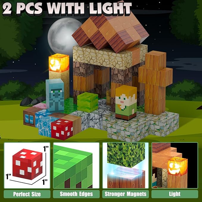 Magnetic Blocks Toy Building Set for Kids 3+, Light Up Magnetic Building Blocks, 3D Construction Build Toys STEM Sensory Magnet Cubes Christmas Birthday Present