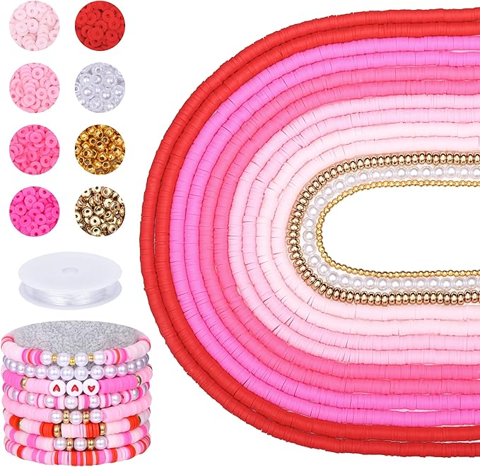 AceFun 3750PCS Clay Beads for Bracelets Making Polymer Clay Beads Kit with Pearl Beads Spacer Beads, Disc Heishi Beads Set for Jewelry Making Necklace Bracelet Earrings Finding, Pink Mixed