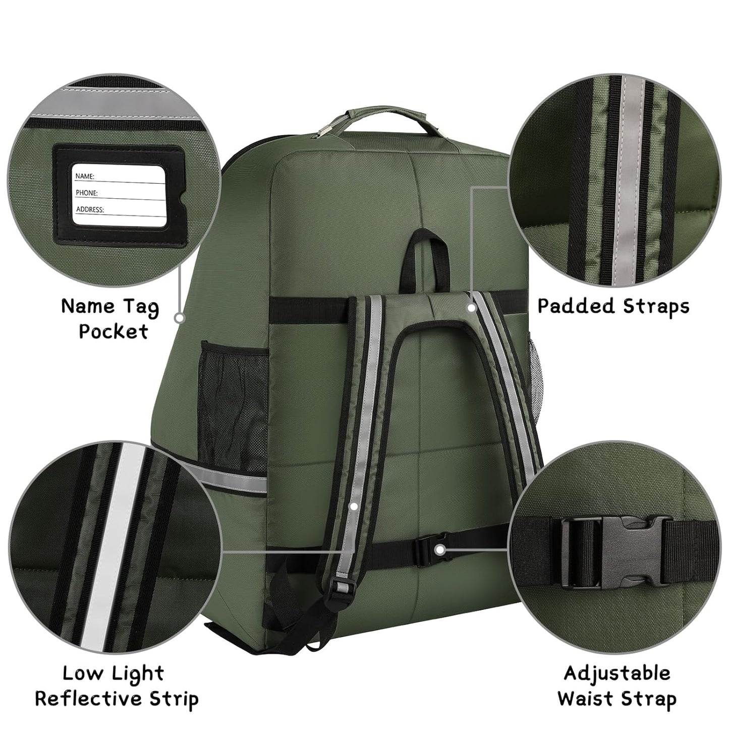 Car Seat Travel Bag,Padded Car Seats Backpack with Steel Cable Handle and Reflective Stripes, Large Durable Carseat Carrier Bag,Airport Gate Check Bag,Infant Seat Travel Bag with Shoulder Strap,Green