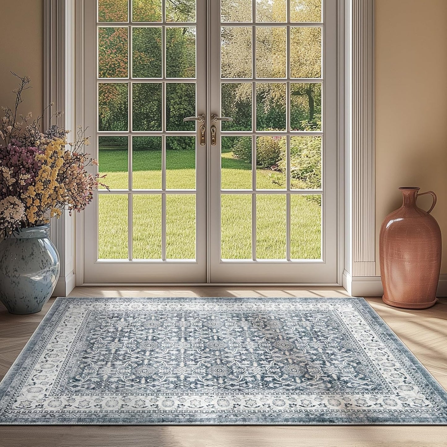 jinchan Floral 3x5 Area Rugs for Entryway - Taupe Vintage Distressed Design Doormat Non-Slip Ultra-Thin Low Pile Boho Rug for Kitchen Living Room Bedroom Farmhouse (3‘x5',Grey)