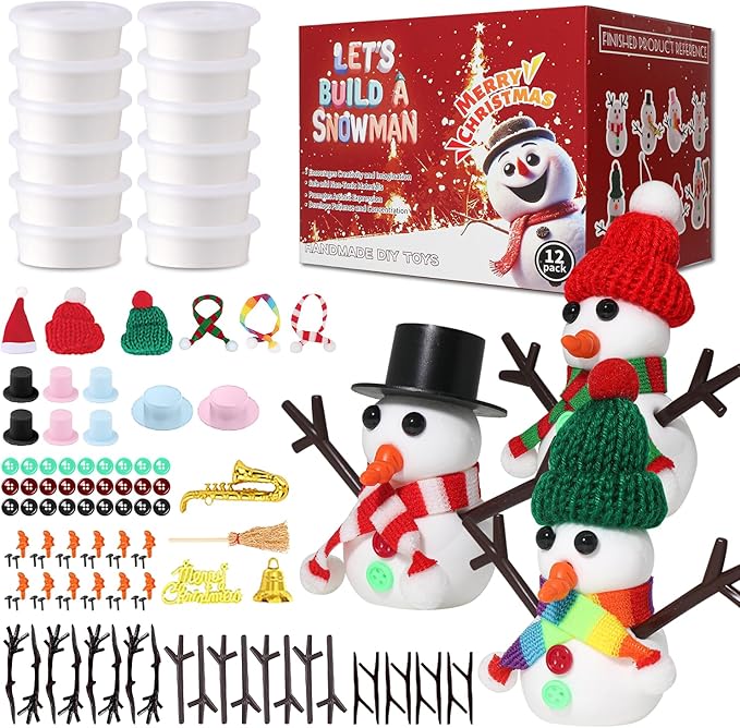 12-Pack Christmas Snowman Crafts Sets for Kids, Modeling Clay Snowman DIY Kit,Christmas Stocking Stuffers for Kids, Perfect for Winter Children's Holiday Party Decoration Gifts
