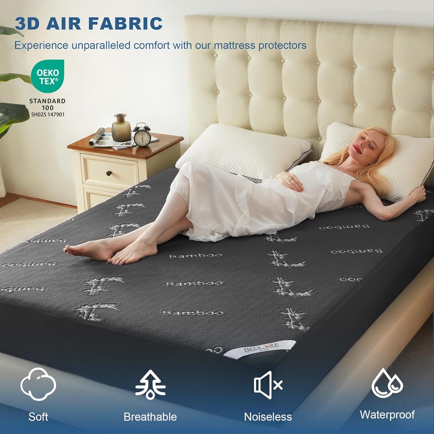 BEDLORE King Size Mattress Protector Waterproof, Mattress Pad Fitted 6-18 Inch Deep Pocket, 3D Air Fabric Soft Double Bed Mattress Cover Noiseless Washable for Bedroom, Hotel, Gray