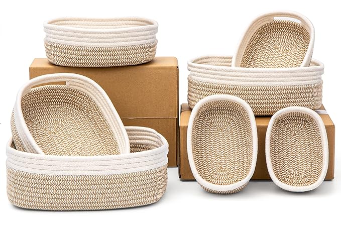 7 Piece Cotton Rope Woven Basket Set - Small Basket for Baby Nursery, Pets, Montessori, Dog & Cat Toy Boxes, Bathroom Organization Bins (White/Brown)
