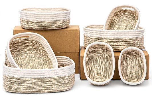 7 Piece Cotton Rope Woven Basket Set - Small Basket for Baby Nursery, Pets, Montessori, Dog & Cat Toy Boxes, Bathroom Organization Bins (White/Brown)