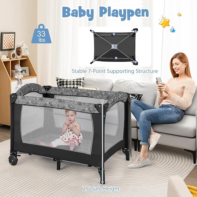 HONEY JOY Pack and Play, 4 in 1 Portable Baby Playard with Bassinet, Changing Table, Lockable Wheels, Music Box, Foldable Travel Baby Crib Nursery Center from Newborn to Toddler (Dark)