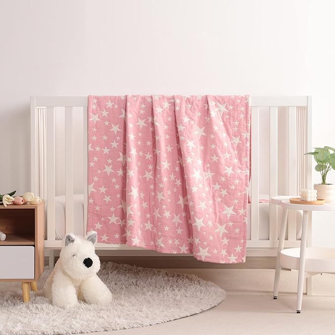 NTBAY 3 Layer Toddler Blanket, Muslin Cotton Jacquard Bed Blankets, Lightweight Thermal Baby Blanket, Super Soft and Warm Crib Blanket for All Seasons, Decoration Gift, 30"x40", Pink Star