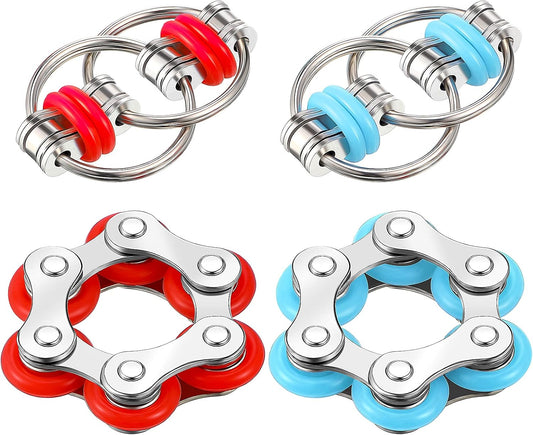 4 Pieces Fidget Toy Set Flippy Roller Chain, Six Roller Chain Fidget and Flippy Chain Stress Reducer Bike Chain Toys for ADHD, ADD, Autism, Anxiety Relief for Adults and Teens (Red, Blue)