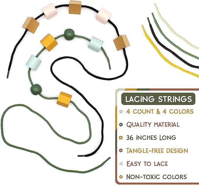 Wooden Lacing Beads & Strings 125 Pieces, Fine Motor Skills Toys for 3 Year Old, Boho Colors