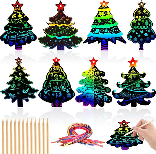 JULMELON 36 PCS Christmas Scratch Art, Christmas Crafts for Kids Magic Rainbow Scratch Paper Cards Christmas Tree Hanging Ornaments Decorations DIY Winter Holiday Party Favors
