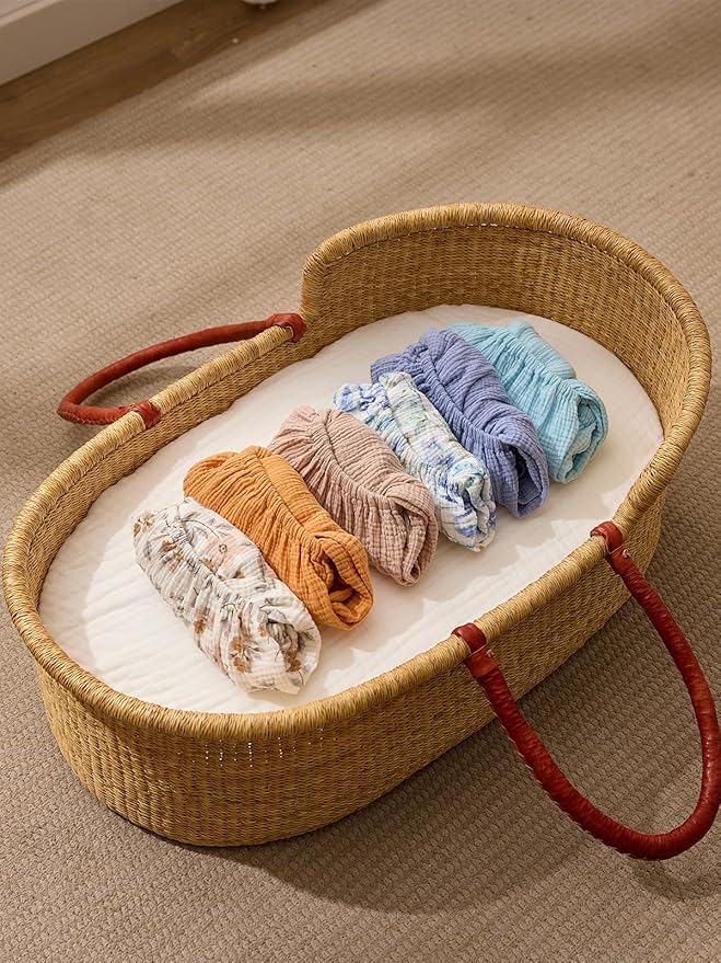 TILLYOU Muslin Bassinet Sheets for Baby Boys Girls 3 Pack, Soft Breathable Elastic Cotton Bassinet Mattress Sheets, Fit Hourglass Oval Rectangle Cradle Mattress, 33"X17",Blue Flower