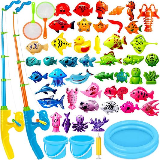 CozyBomB™ Magnetic Fishing Toys Game Set for Kids | Water Table Bathtub Kiddie Pool Party & Pole Rod Net, Plastic Floating Fish Toddler Color Ocean Sea Animals Birthday Age 3 4 5 6 Year