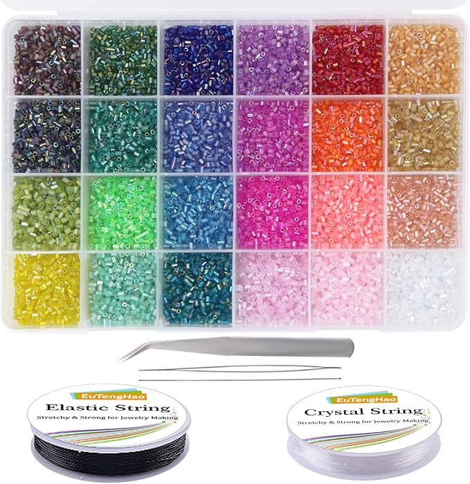 EuTengHao 14400pcs Tube Beads Bugle Glass Seed Beads, Small Craft Spacer Beads for DIY Bracelet Necklaces Crafting Jewelry Making Supplies with Two Crystal String (3mm, 600 Per Color, 24 Colors)