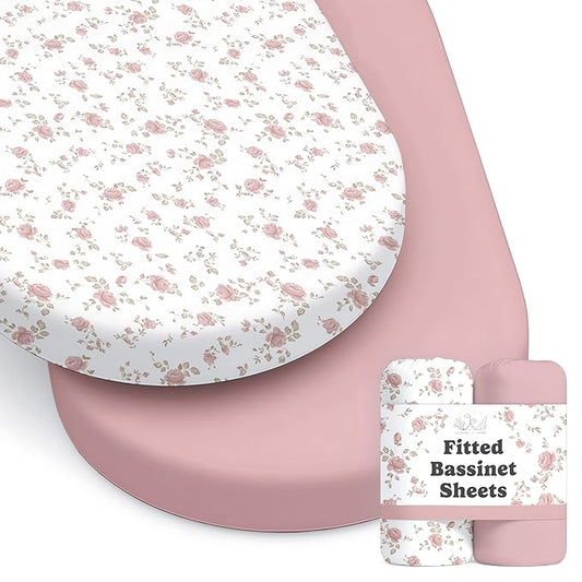 Baby Bassinet Sheets Girl (Juliette) 2-Pack - Fitted Bedside Bassinet Sheets - Buttery Soft Cotton Blend for Standard Bassinet Mattress Pad - Compatible with Halo Bassinest