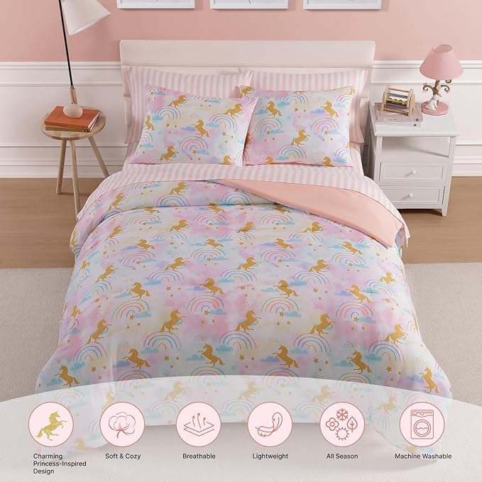 Queen Comforter Set with Sheets for Girls-7 Pieces Queen Bedding Sets with Pink Comforter, Sheets, Pillowcases & Shams for Kids (Gold Unicorn, 90" X 90")