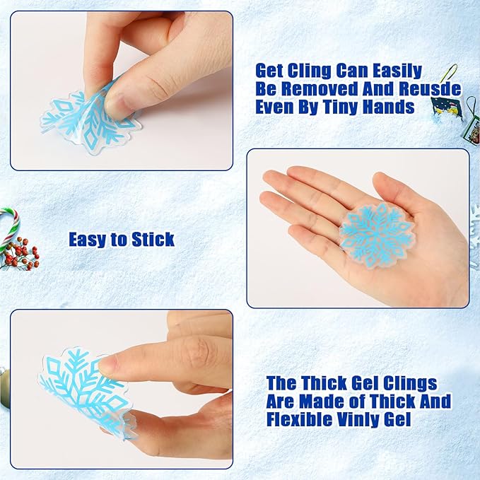 MARFOREVER 50 PCS Winter Gel Window Clings Stickers Reusable Christmas Snowflake Thick Gel Clings Decals for Kids Classroom Home Winter Christmas Party Supplies Window Glass Decorations