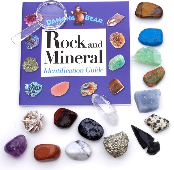 DANCING BEAR -15 Pc Rock & Mineral Collection with Collector Box/Display Case, ID Sheet, Rock Book, Magnifying Glass, Beginner Starter Set, Kids' Gemstone Crystal Kit, STEM Geology Science Education