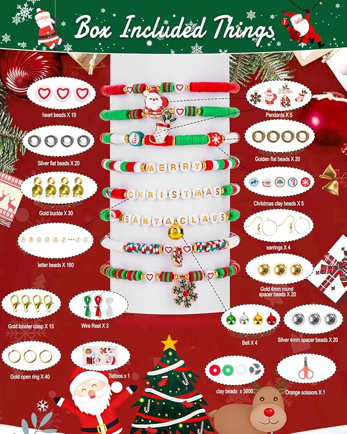 Goldwise Christmas Friendship Bracelet Kit-Christmas Clay Beads and White Letter Beads (A-Z) for Jewelry Making,Varieties of Charms for Bracelets, DIY Gifts
