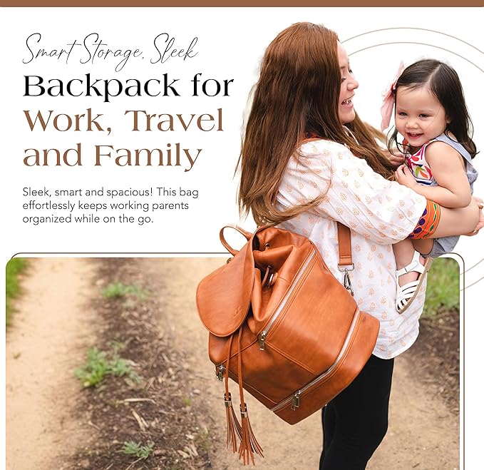 Citi Collective Journey Vintage Tan Vegan Leather Diaper Bag Backpack | Elegant, Multifunctional, Travel Diaper Bag with Stroller Straps & Insulated Bottle Pockets