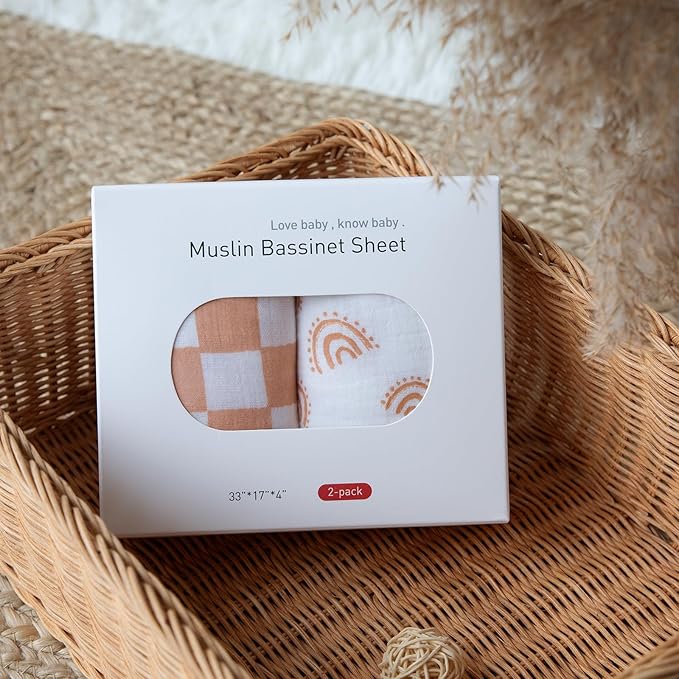 Muslin Bassinet Fitted Sheets, 2 Pack for Baby Boy and Girl, Soft Breathable Baby Pad/Mattress Sheet, Fit for Hourglass Oval and Rectangle Bassinet Mattress (Lattice Rainbow)