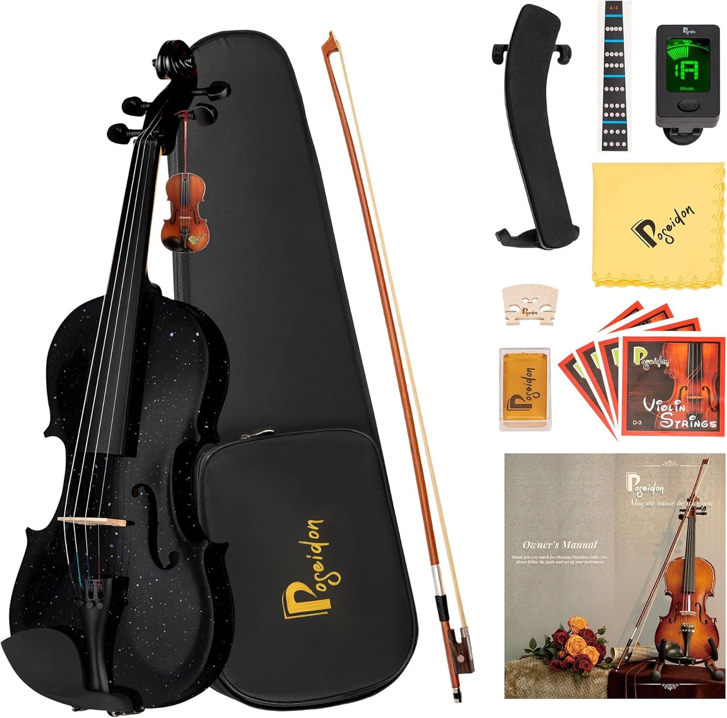 Black Violin for Beginners, Violin 1/2 Size for Kids, Premium Solid Wood Violin Shoulder Rest 4/4 Full Size, W/Hard Case, Violin Bows, Violin Rosins, Horse Bridges, Clip-on Tuner, Manual Instruction