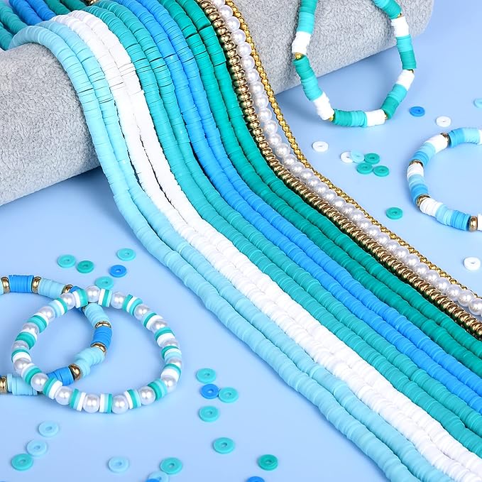 AceFun 3750PCS Clay Beads for Bracelets Making Polymer Clay Beads Kit with Pearl Beads Spacer Beads, Disc Heishi Beads Set for Jewelry Making Necklace Bracelet Earrings Finding, Blue Mixed