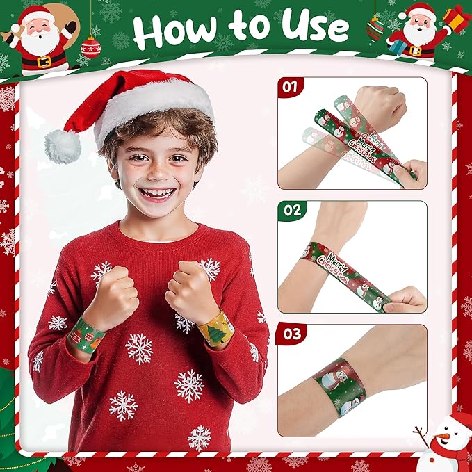 Childom 36 Pcs Christmas Slap Bracelet,Xmas Bracelet Gifts,Christmas Decorations,Birthday Goodie Bag Stuffers for Party Favors,Bracelets Bulk for Birthday Holiday School Classroom Prizes Outdoor