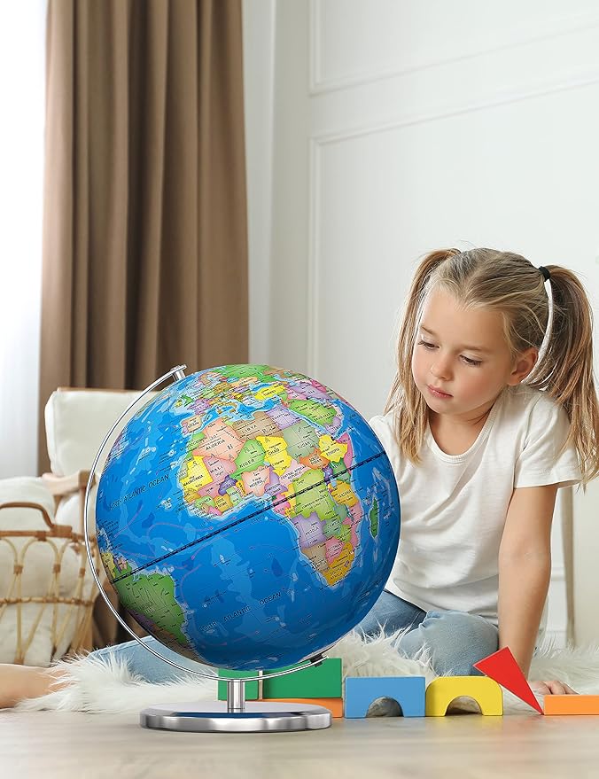13" World Globe with Stand, Illuminated Educational Globes with HD Printed Map for Kids Classroom Learning, LED Globe Lamp with Stable Heavy Metal Base