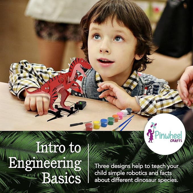 Pinwheel Crafts Robotic Dinosaur Arts & Crafts Science Kit for Kids Ages 6-12 – Wooden Dinosaur Toys with Paints – Ideal Gift for 6-Year-Old Boys