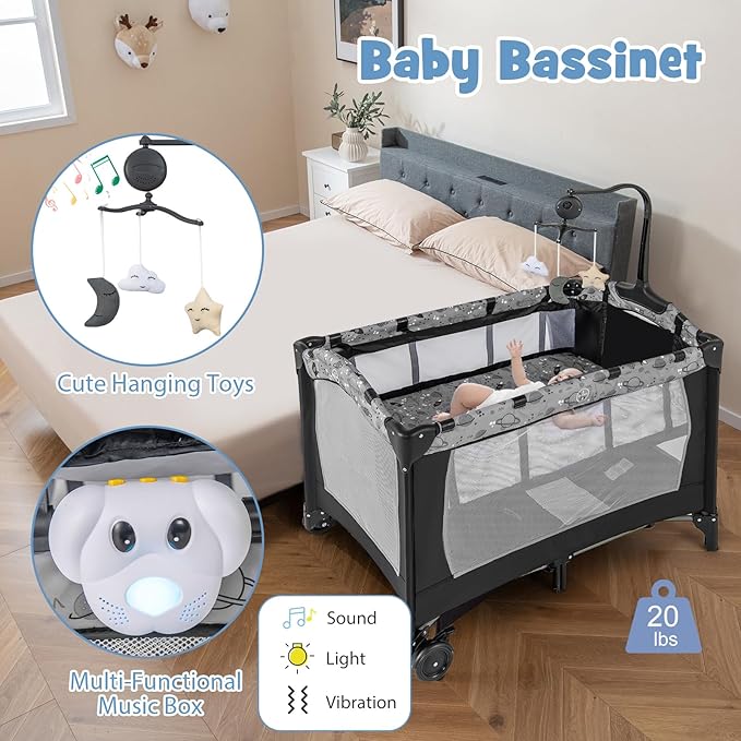 HONEY JOY Pack and Play, 4 in 1 Portable Baby Playard with Bassinet, Changing Table, Lockable Wheels, Music Box, Foldable Travel Baby Crib Nursery Center from Newborn to Toddler (Dark)