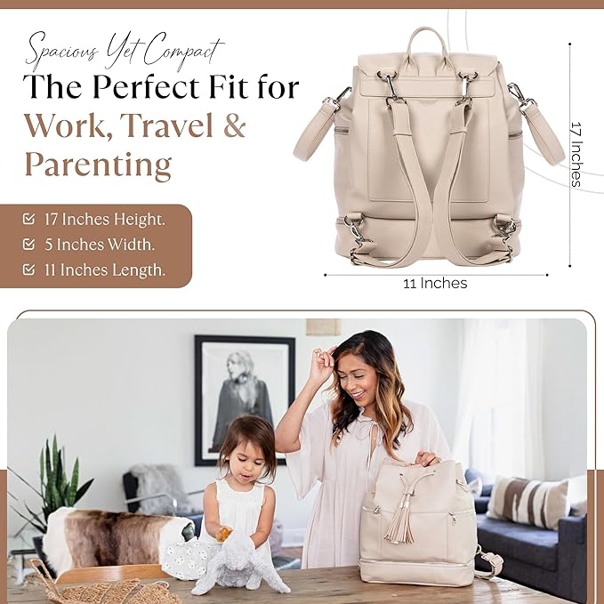 Citi Collective Journey Pearl Vegan Leather Diaper Bag Backpack | Elegant, Multifunctional, Travel Diaper Bag with Changing Pad, Stroller Straps & Insulated Bottle Pockets.
