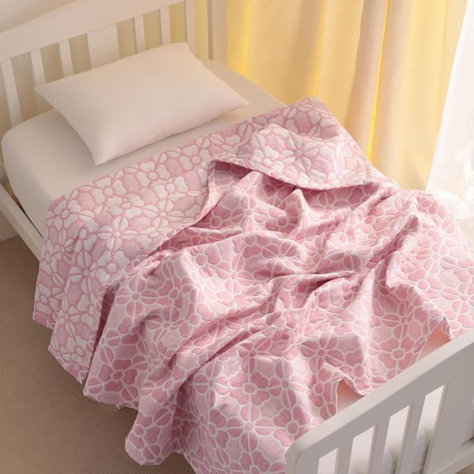 NTBAY 3 Layer Toddler Blanket, Muslin Cotton Jacquard Bed Blankets, Lightweight Thermal Baby Blanket, Super Soft and Warm Crib Blanket for All Seasons, Decoration Gift, 30"x40", Pink Clover