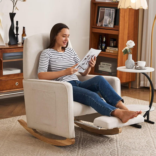 FOXHUNTER Rocking Chair Nursery with Adjustable Footrest and High Backrest, Upholstered Glider Chairs with Side Pockets for Nursery, Rocker Armchair Indoor for Living Room,Beige