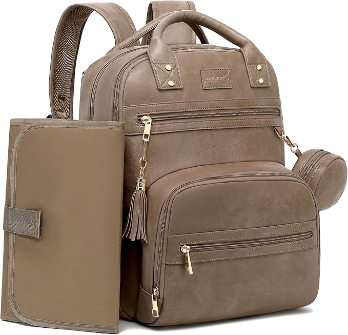 Premium Vegan Leather Diaper Bag Backpack with Waterproof Changing Pad, Reinforced Zippers & Odor-Free, 20 Pockets Pro Organizer, Fits 15.6" Laptop, Stroller Straps, Baby Bag for Mom, Taupe