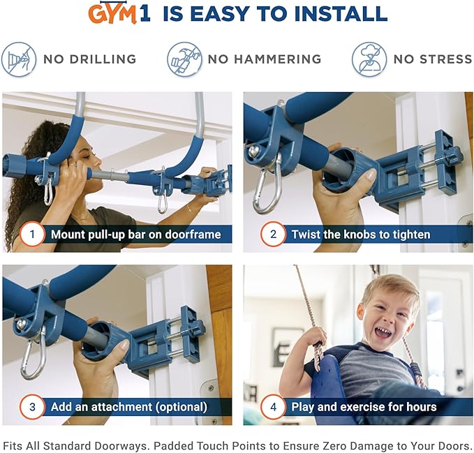 Gym1 6-Piece Doorway Gym Indoor Playground - 6-Piece, Blue - Indoor Playset with Sensory Swing, Pull-Up Bar & Rings, Trapeze, Ladder & Knotted Rope