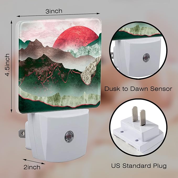 Green Mountain with Red Moon Night Light for Kids,Abstract Natural Landscape Painting Night Light Plug in with Dusk to Dawn Sensor,0.5w Energy Saving Nightlight for Hallway Stairway Kitchen Bedroom