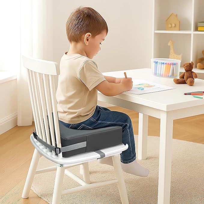 Booster Seat for Dining Table, PU Anti-Scratch Easy Cleaning Kids Toddler Booster Seat for Table, Portable Increasing Booster Cushion with Non-Slip Bottom and Adjustable Elasticity Straps