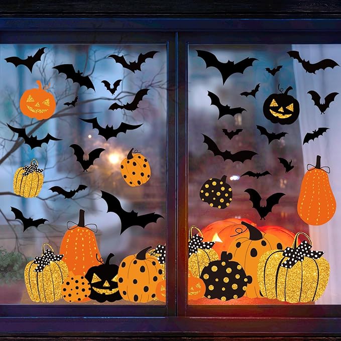 Whaline 6 Sheet Halloween Window Clings Black Orange Pumpkin Bat Reusable Window Decals for Haunted Party House Office School Home Glass Decor