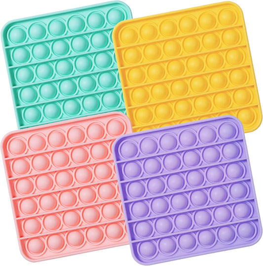 Push Pop Fidget Toy, 4-Pack Push Pop Bubble Fidget, Square Push Pop Bubble Sensory Fidget Toy, Pastel Pink, Mint, Yellow, Purple, Party Favors