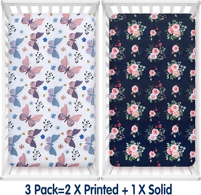 AMROSE 3 Pack Heavenly Soft Crib Sheets for Baby Girls, 28'' X 52'' Fitted Sheets for Crib and Toddler Mattress Pad, Silk Touch Gentle Breathable Microfiber, Floral & Butterfly