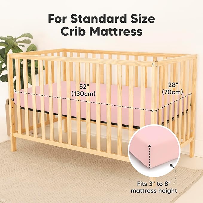 2-Pack Waterproof Baby Crib Sheets for Boys, Girls - 52x28 Viscose Derived from Bamboo Toddler Bed Sheet Neutral, Fitted Crib Mattress Protector Cover for Baby Bedding, Soft & Gentle (Rose)