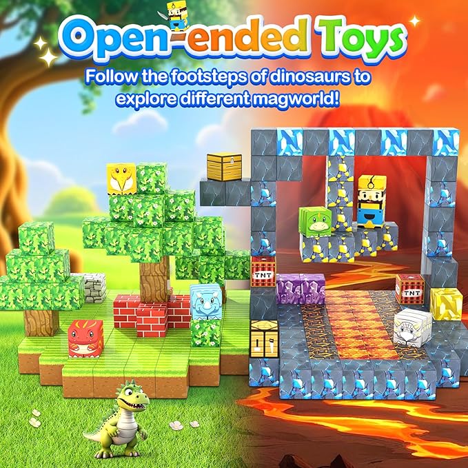 154PCS Dinosaur Toys Magnetic Blocks-Build Mine Magnet World Forest Mine Edition, Dino Adventure Magnetic Building Sensory STEM Kids Toys for Boys Age 3+,Magnet Games for Boys Girls 3-5 4-6 5-7 6-8