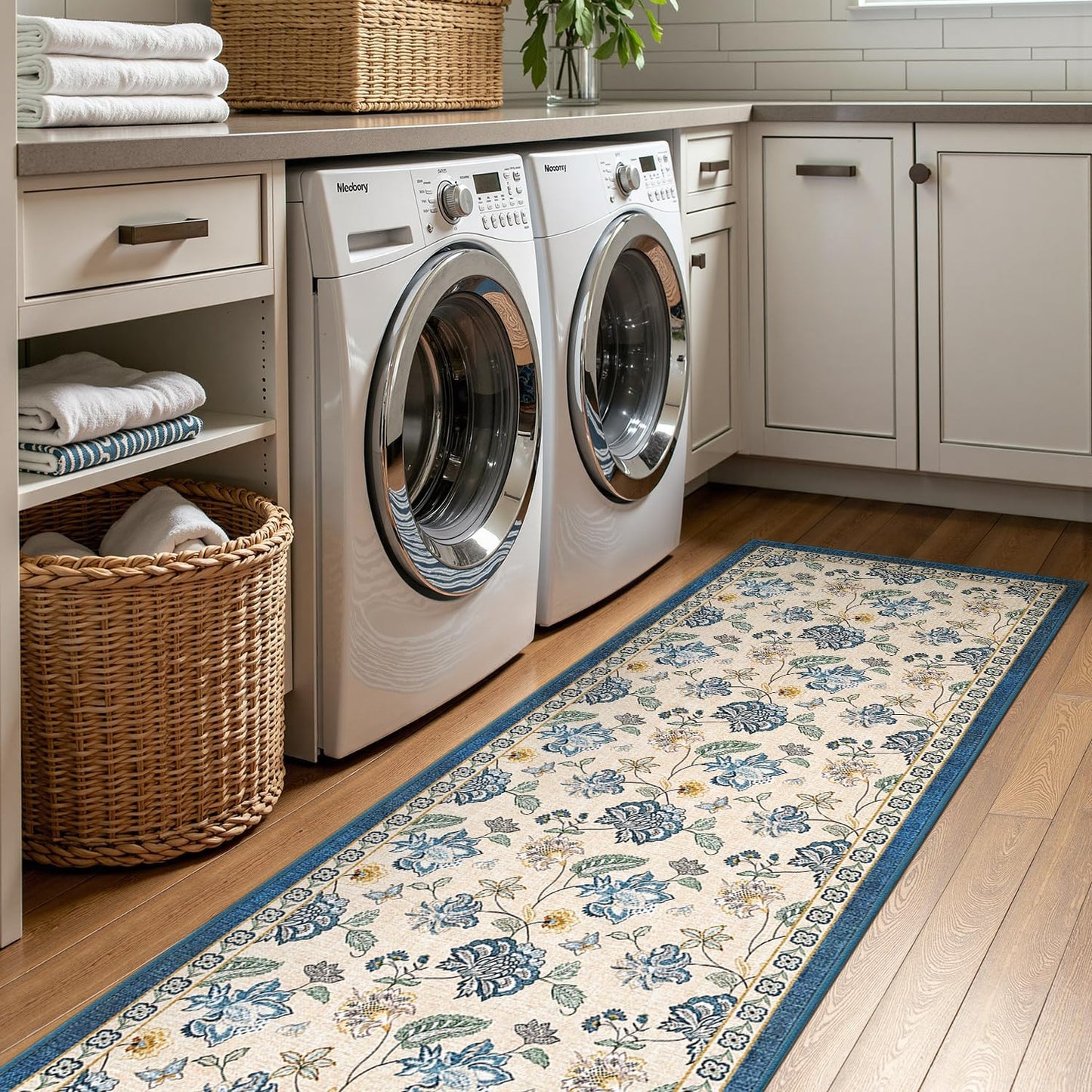 jinchan 3x10 Floral Runner Rug for Hallway Washable Kitchen Runner Vintage Romance Design Non Slip Thin Indoor Floor Cover Low-Profile Throw Carpet for Entryway Bathroom Bedroom Porch, Blue/Beige