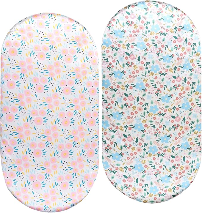 Bassinet Sheet Set 2 Pack Satin Ultra Soft Silk Fit for Rectangle, Hourglass, Oval Bassinet Mattress Protect for Baby Hair and Skin Cradle or Bassinet Sheets, Floral & Floral