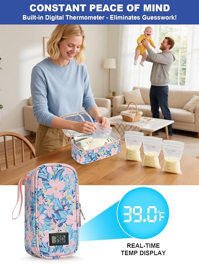 YOUSHARES Breastmilk Cooler Travel Bag with Digital Thermometer, Small Insulated Baby Milk Storage with 2 Ice Packs, Daycare and On-The-Go Moms （Pastel Flowers）